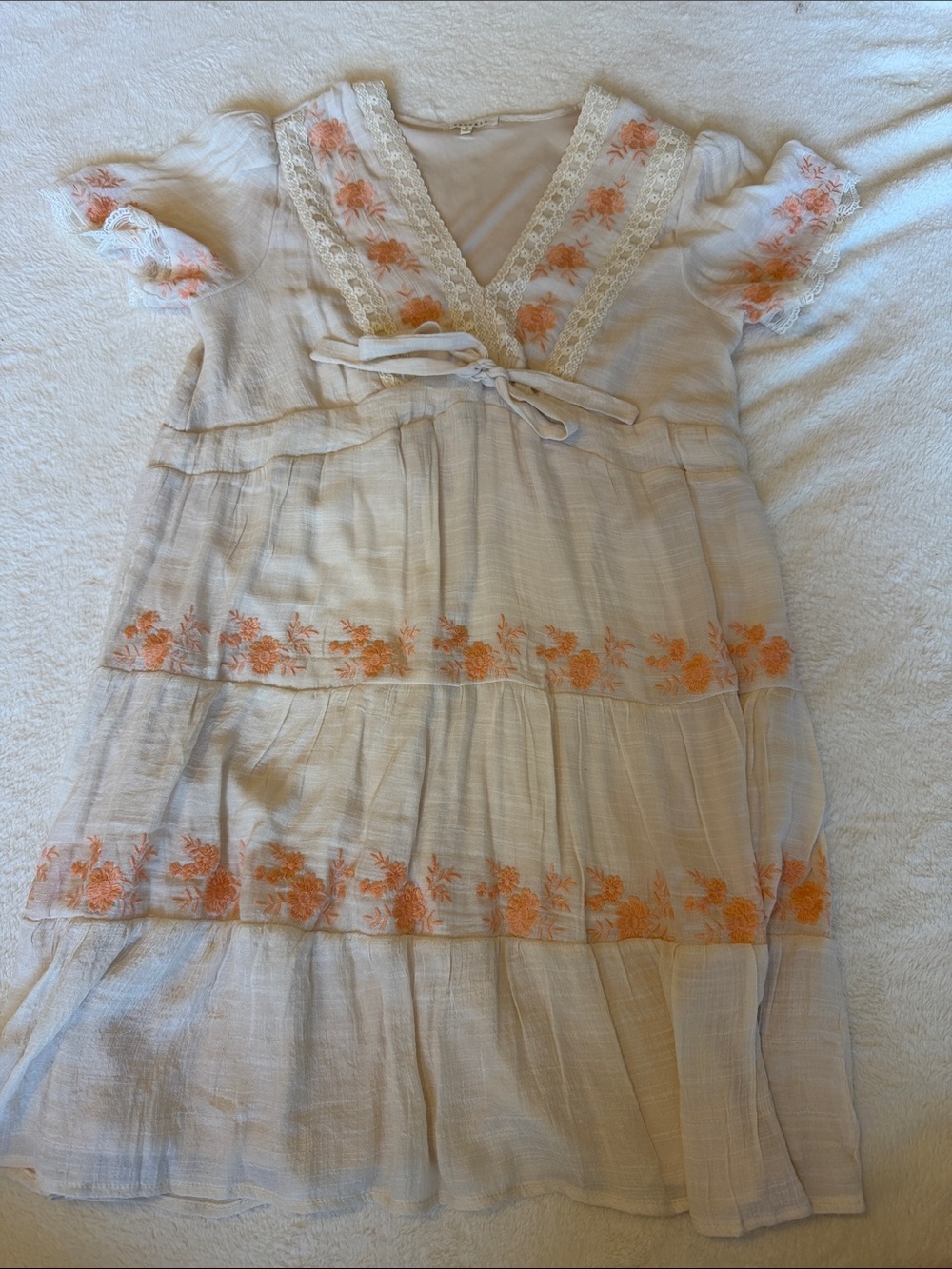 Women's Cream Midi Dress with Orange Floral Embroidery